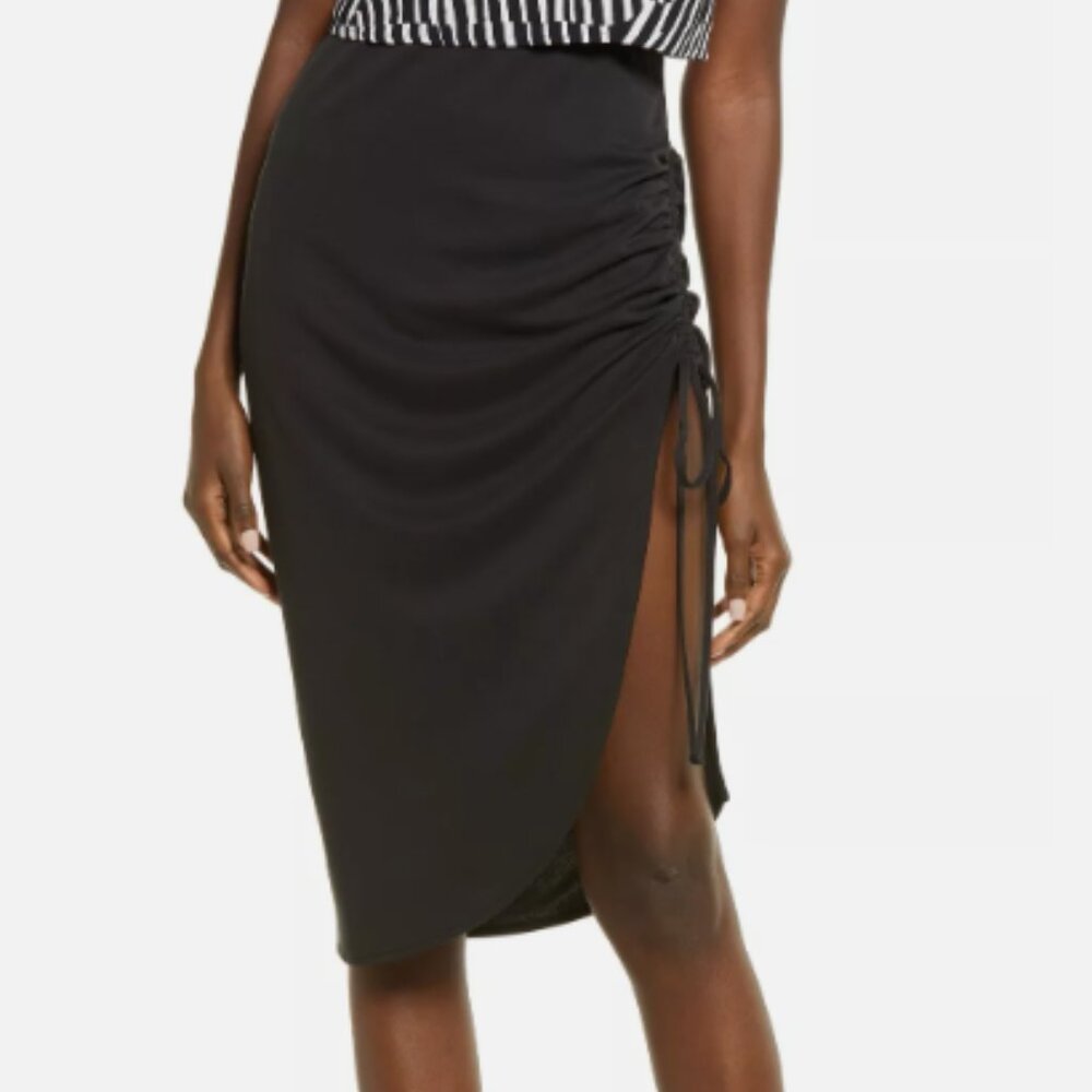 Ruched Side Split Black Pencil Skirt